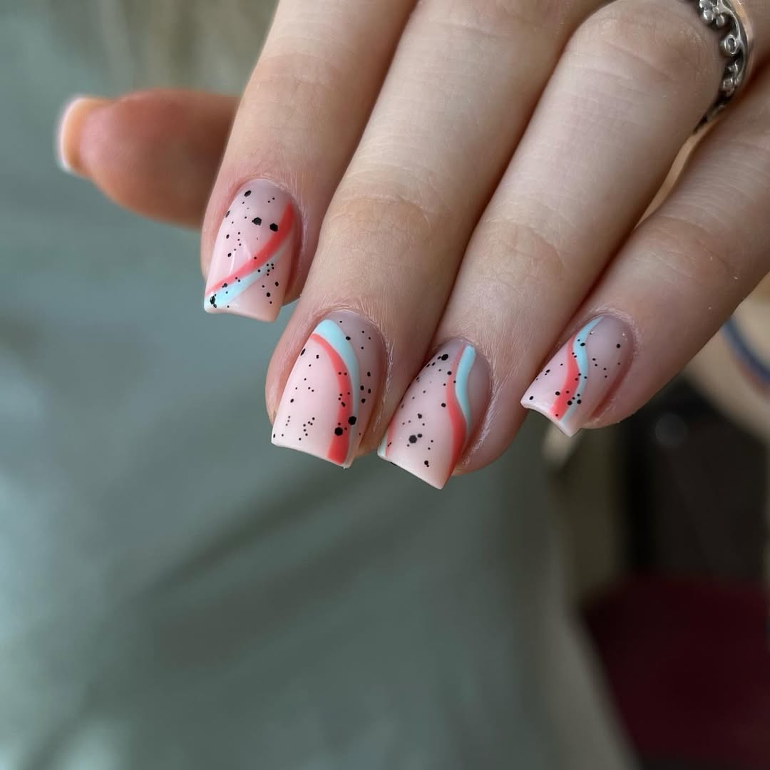 Abstract Swirls And Speckles On Nude Square Nails