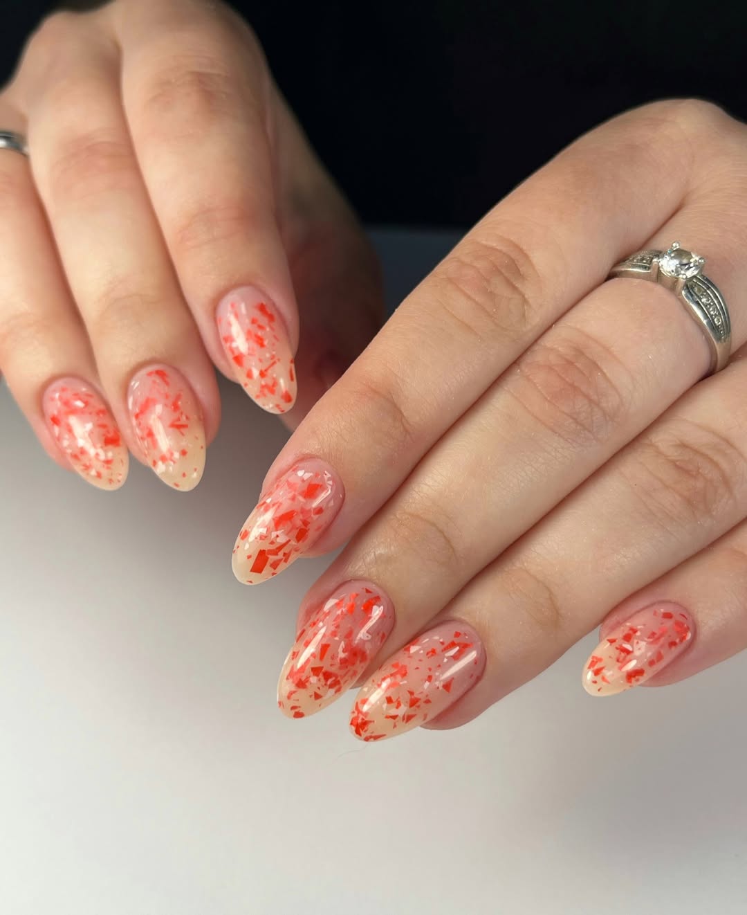 Apricot Jelly Nails with Red Flake Glitter