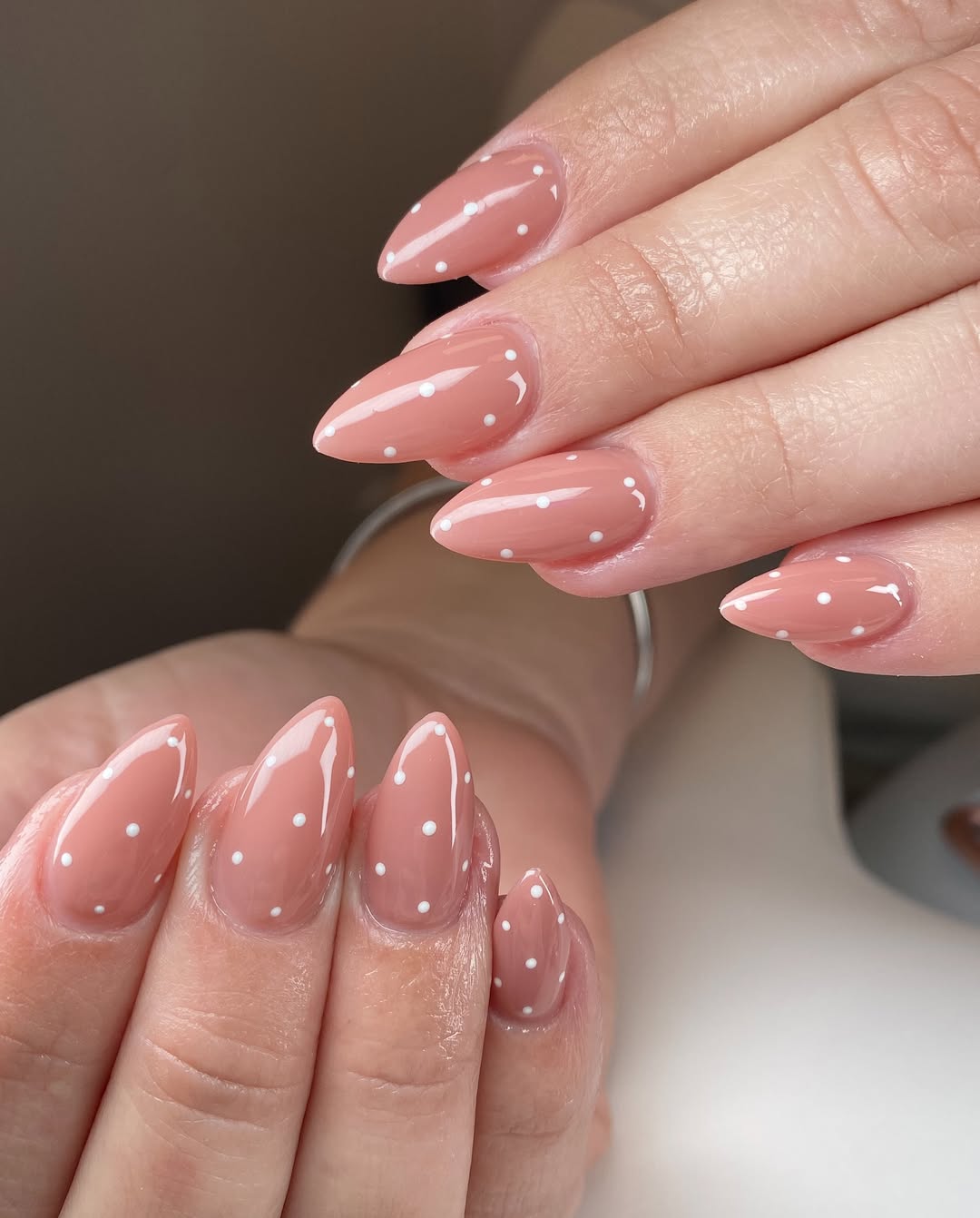 Apricot Peach Polka Dot Almond Nails