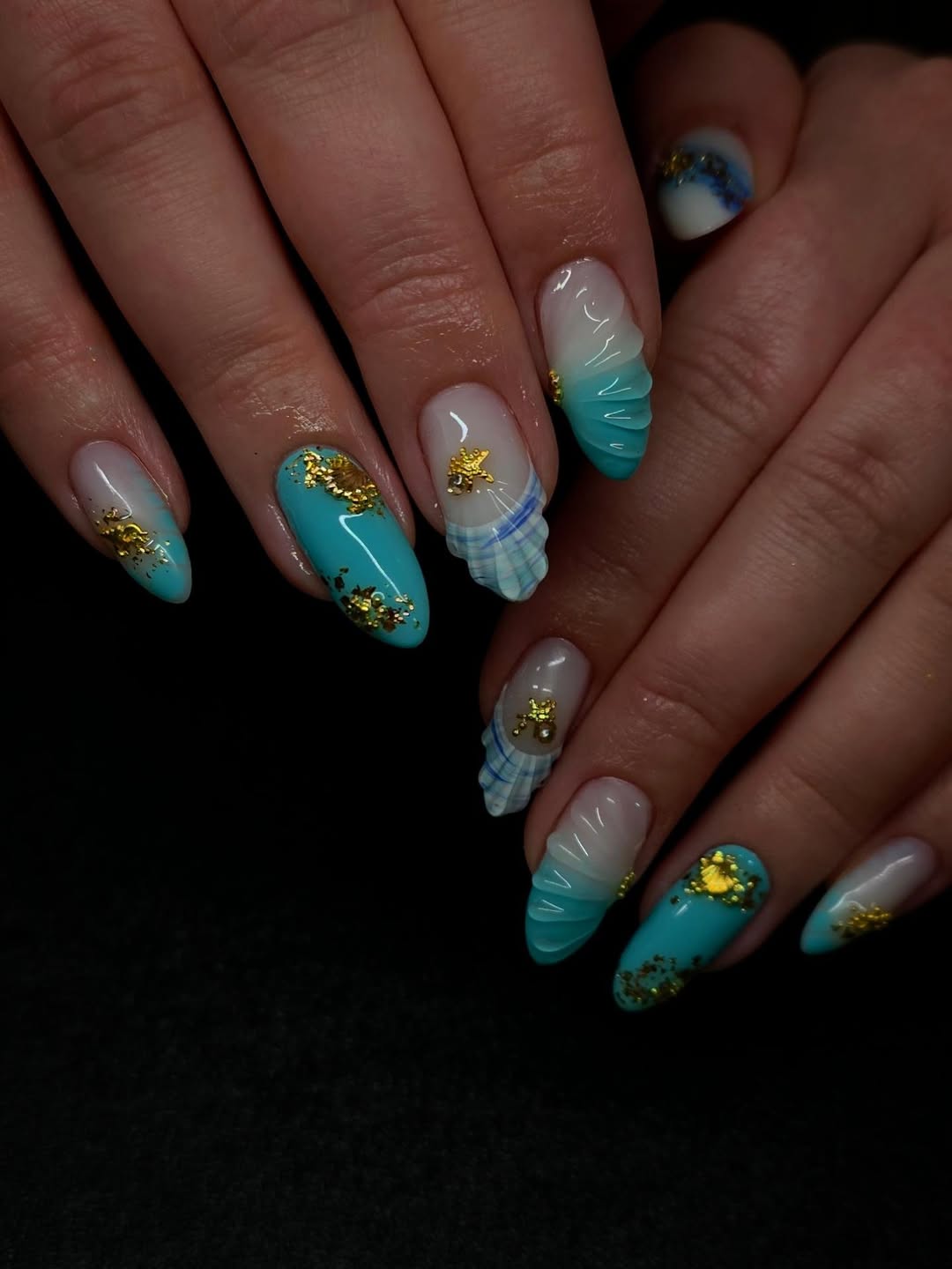 Aqua Blue Gold Flakes Seashell 3D Ocean Almond Nails