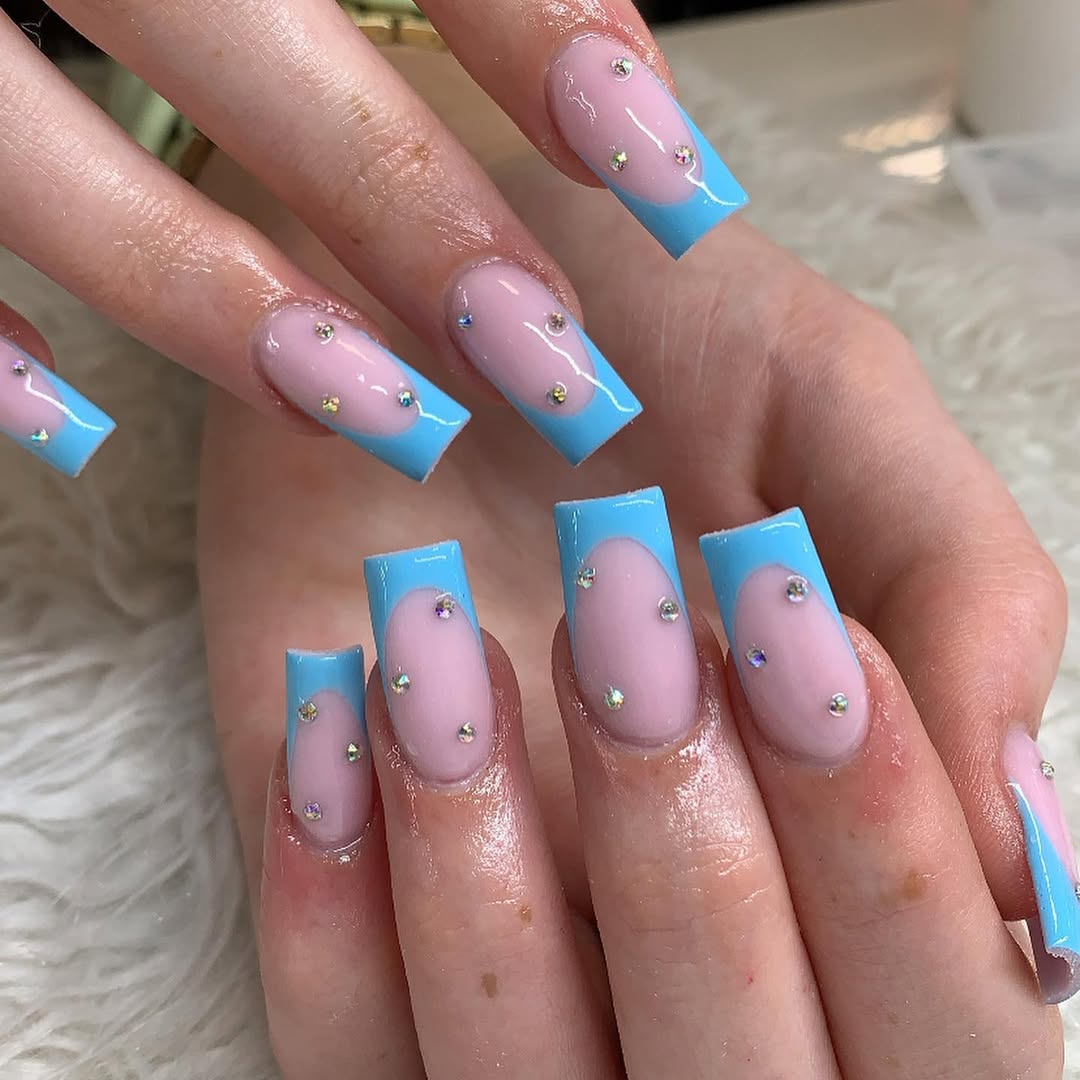 Baby Blue French Tips Pink Base Bling Square Nails