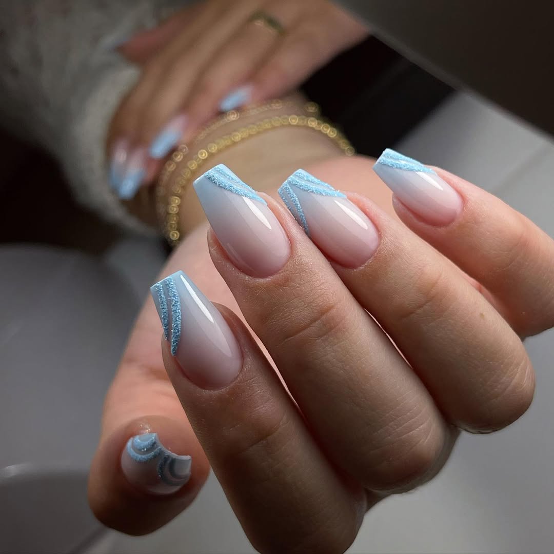 Baby Blue Glitter Frosted French Tip Coffin