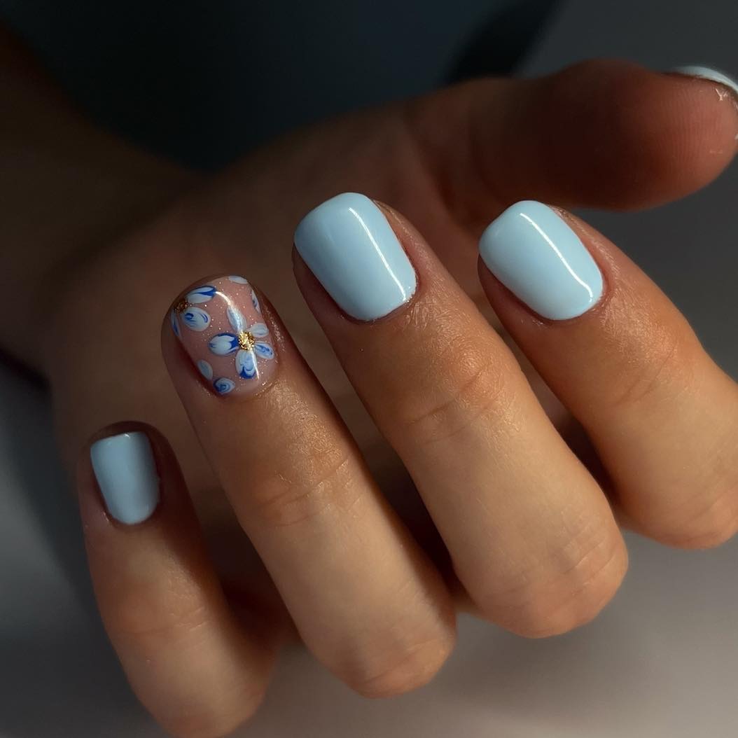 Baby Blue Hand-Painted Floral Accent Nails