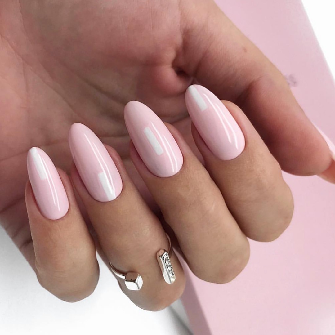 Baby Pink Almond Nails White Stripe Accent