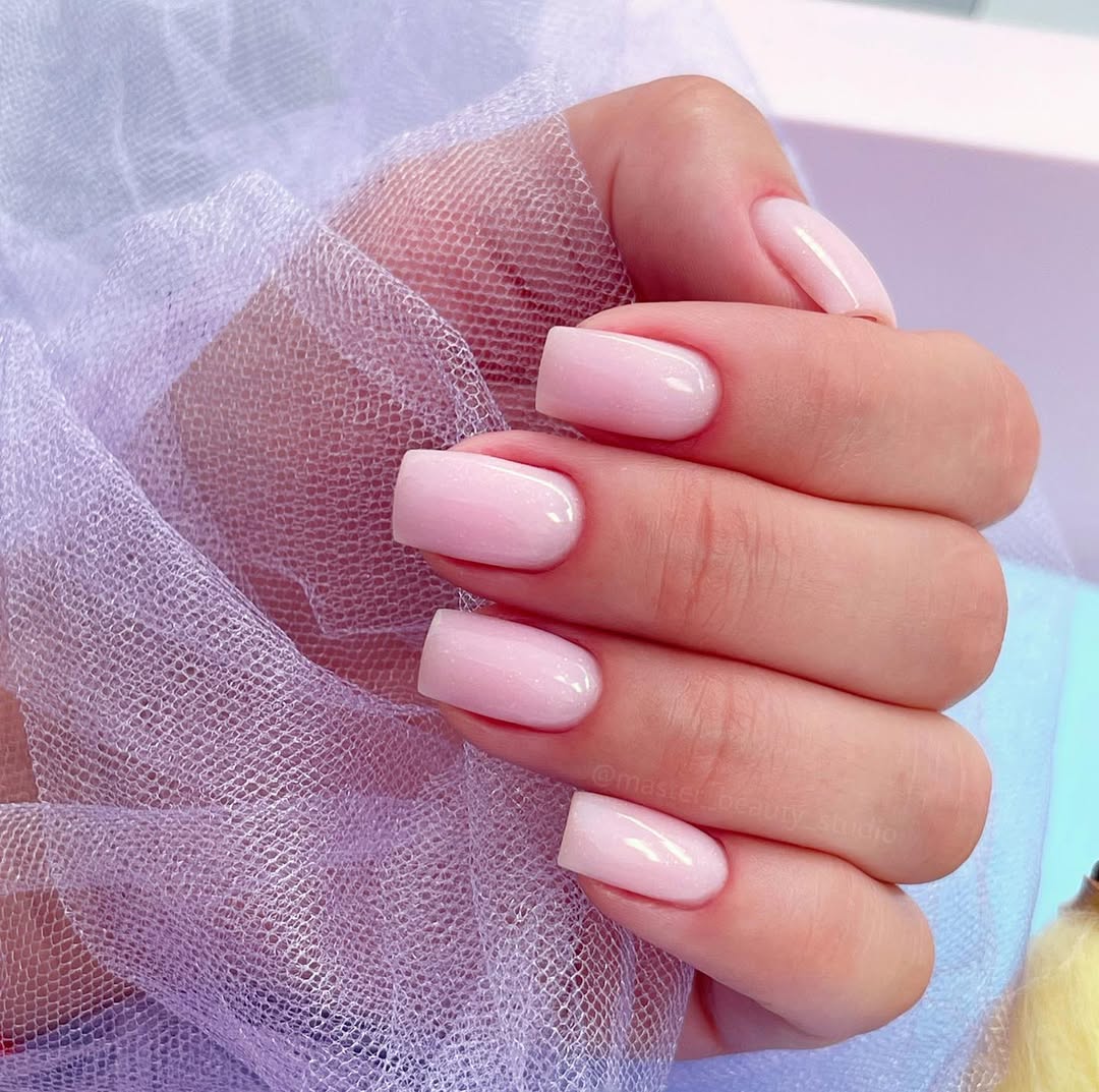 Baby Pink Shimmer Glossy Square Nails