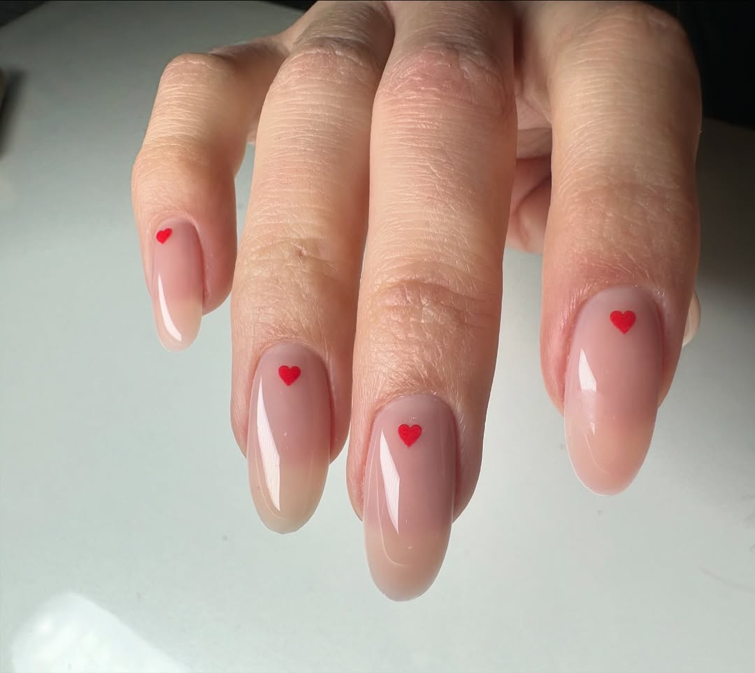 Barely There Nude Pink Heart Accents Oval Nails