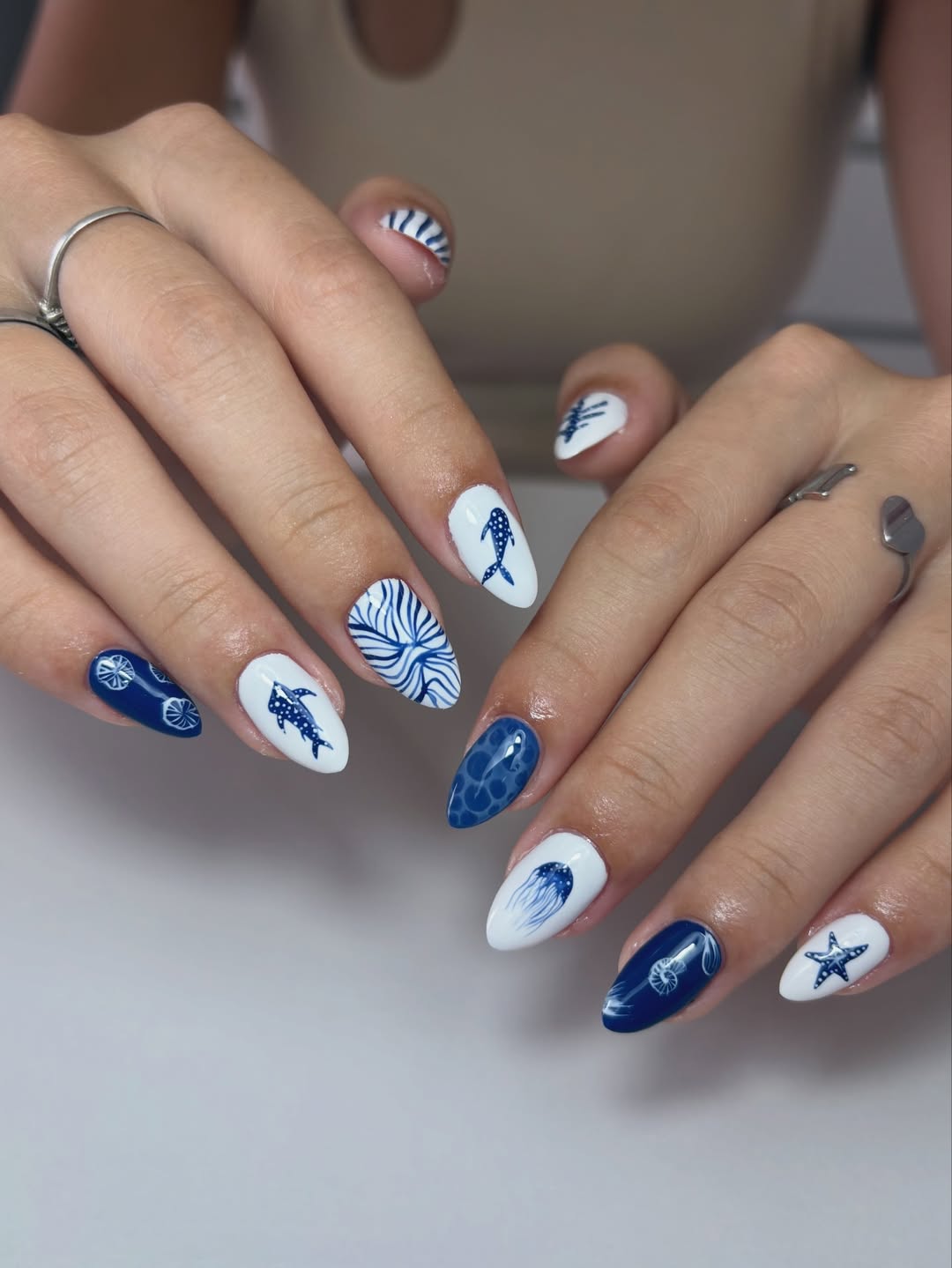 Blue and White Ocean Themed Nail Art