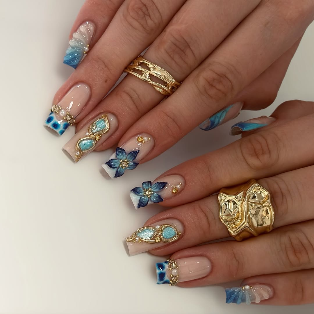 Blue Bloom Gemstone Long Sculpted Nails