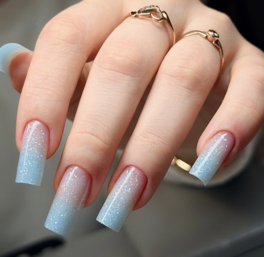 Blue Glitter Fade Long Coffin Nails