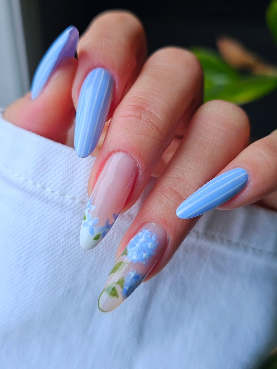 Blue Hydrangea Floral and Pinstripe Almond Nails