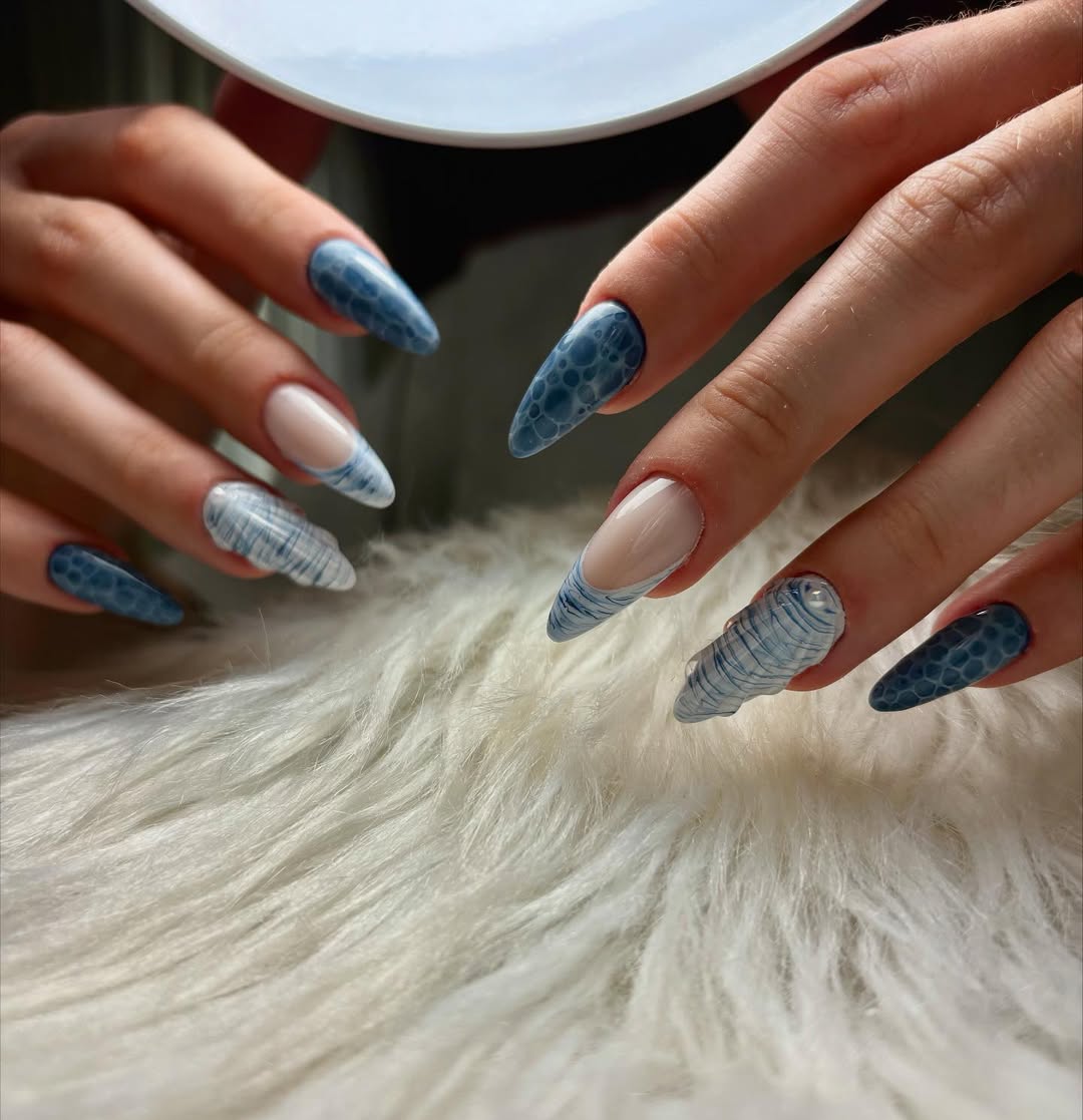 Blue Ocean French Tip And Bubble Accent Stiletto Nails