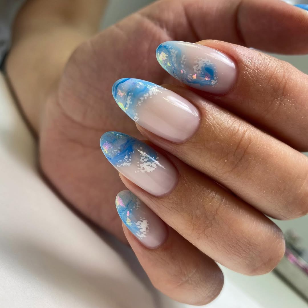 Blue Ocean Wave Almond French Tip Nails