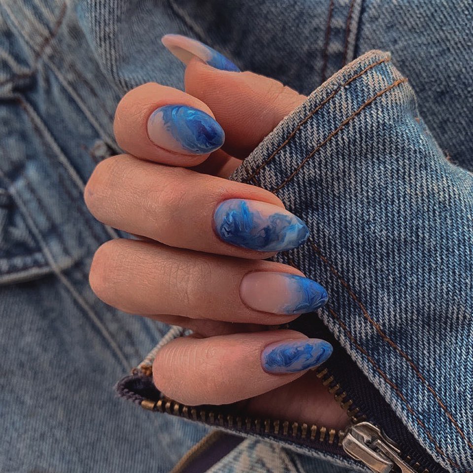 Blue Ocean Wave Marble Almond Nails
