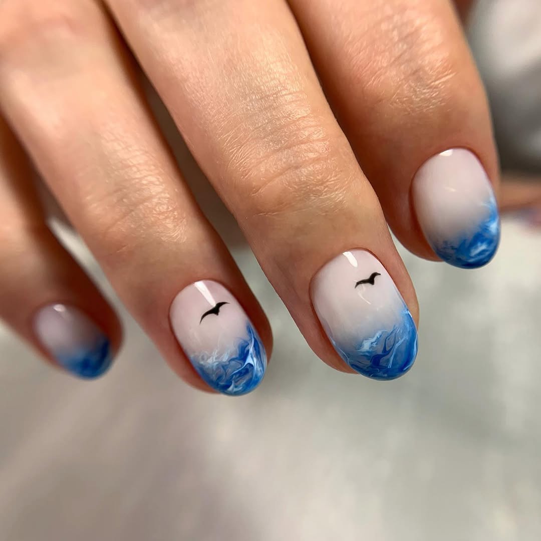 Blue Ocean Wave Ombre With Seagull Art