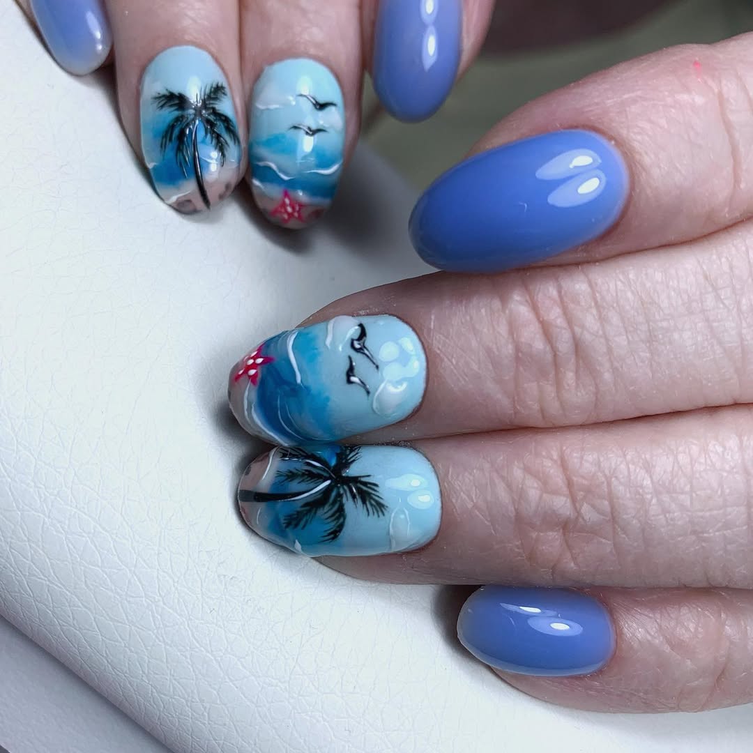 Blue Ocean Wave Palm Tree Accent Nails