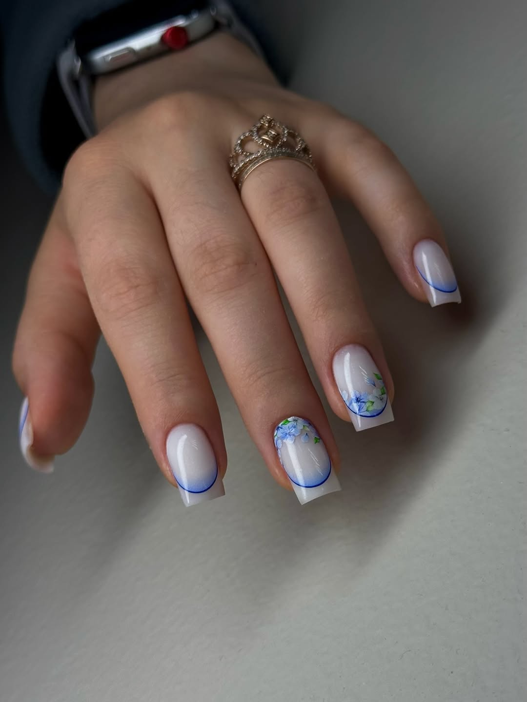 Blue Reverse French Floral Square Nails