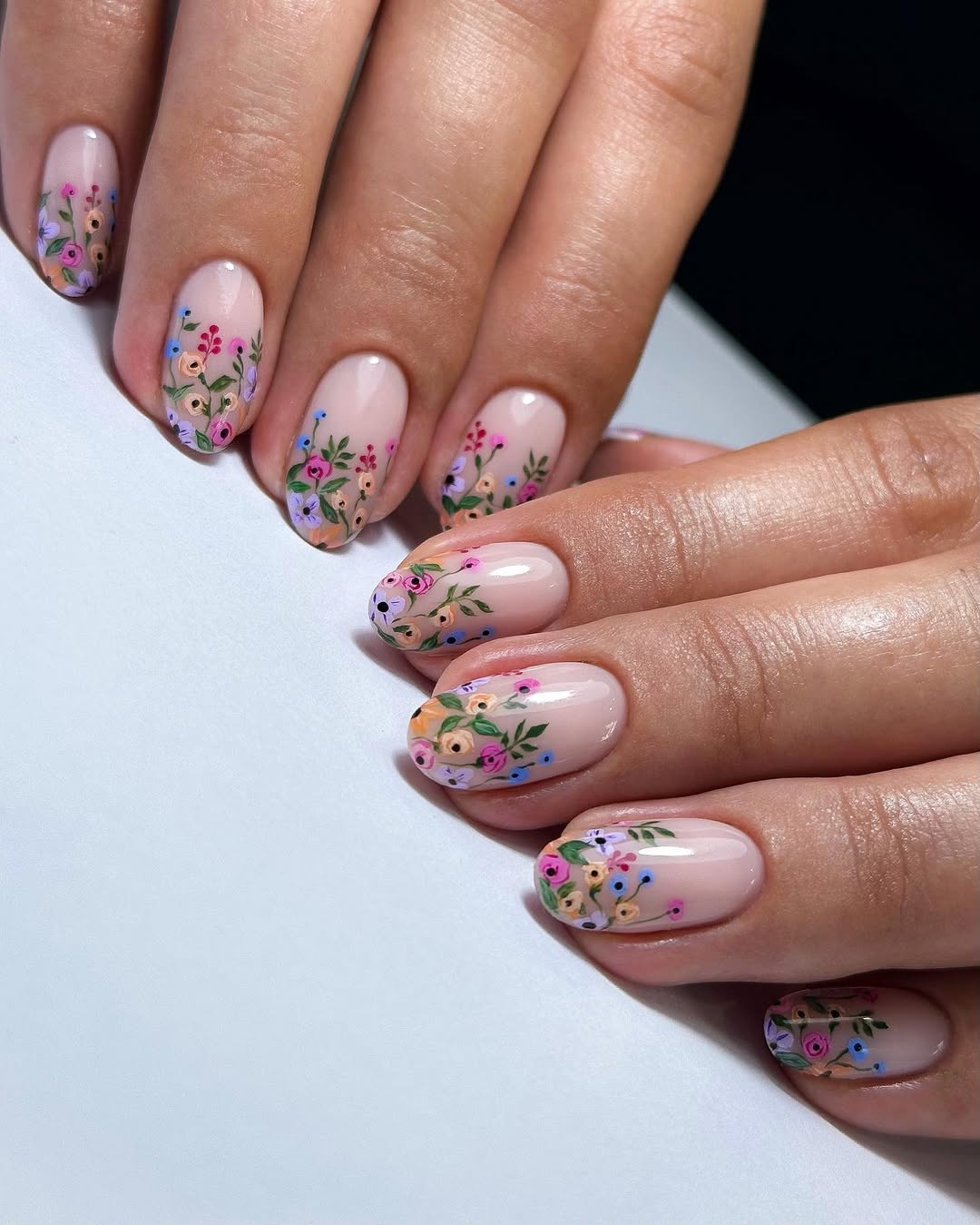 Blush Nude Floral Delicate Garden Oval Nails