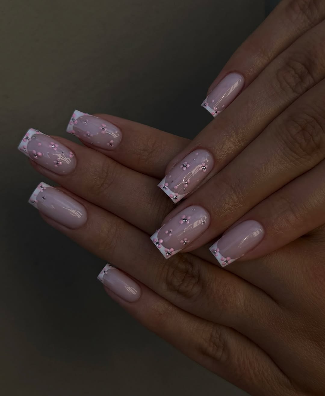 Blush Pink Floral French Tip Square Nails