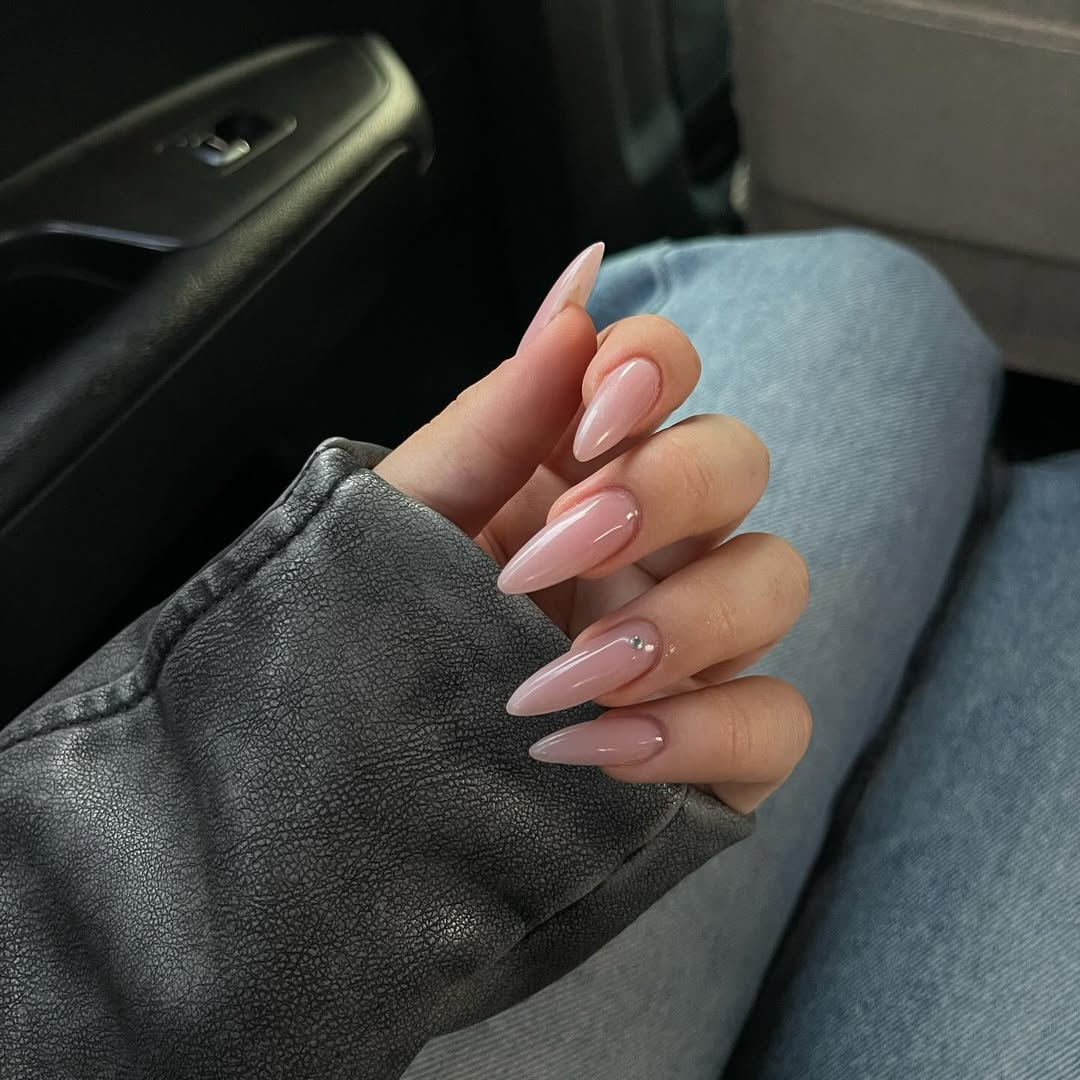Blush Pink Glossy Long Stiletto Rhinestone Nails