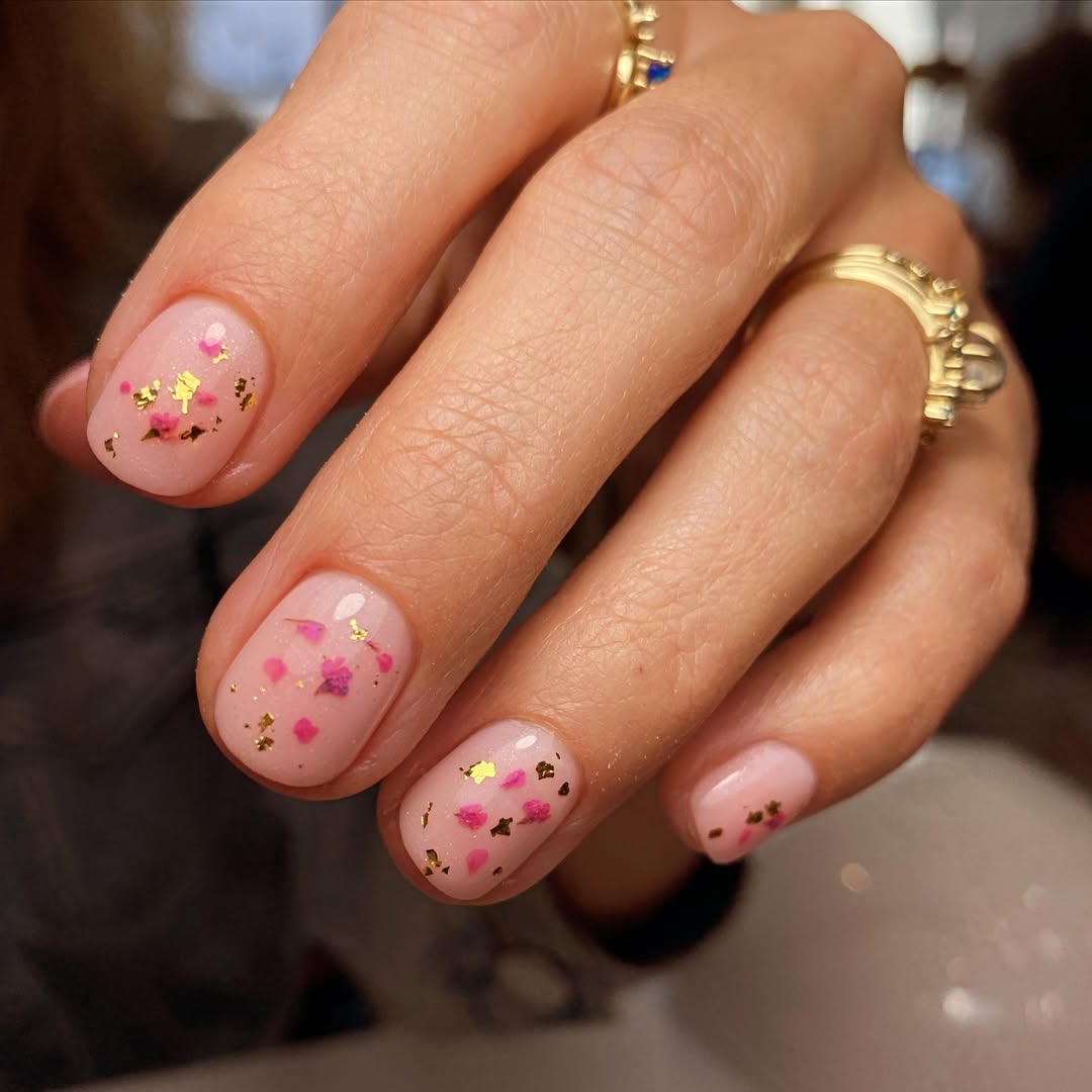 Blush Pink Jelly Nails with Gold Flakes Dried Flowers