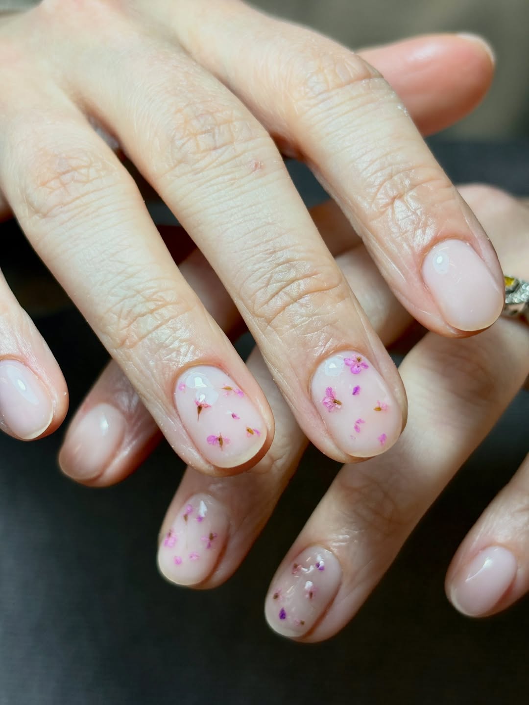 Blush Pink Jelly Nails With Tiny Pressed Flowers