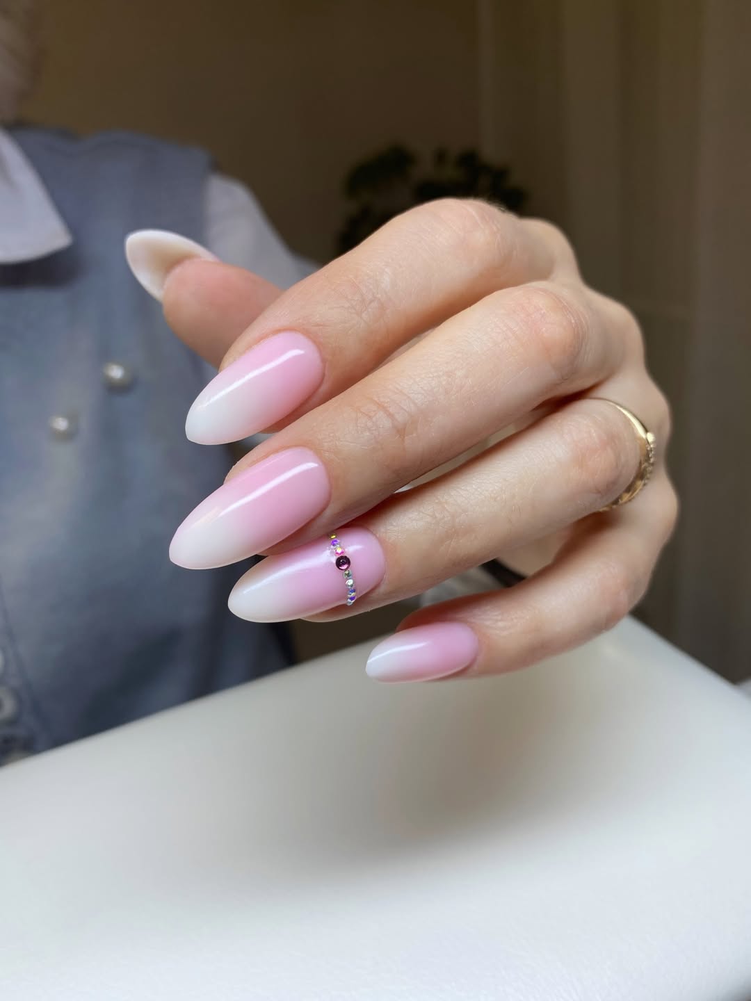 Blush Pink Ombre Almond Rhinestone Accent Nails