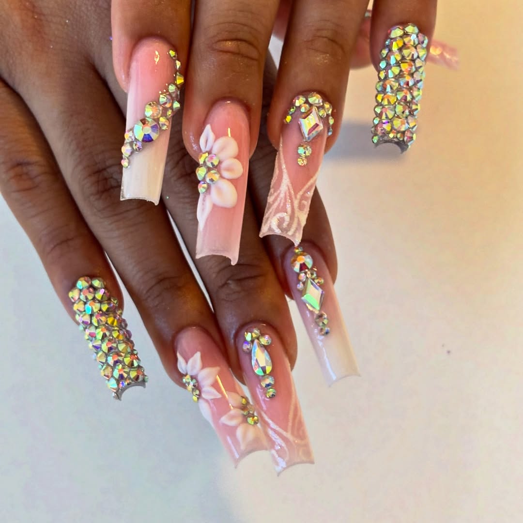 Blush Pink Ombre French Tip Rhinestone Stiletto