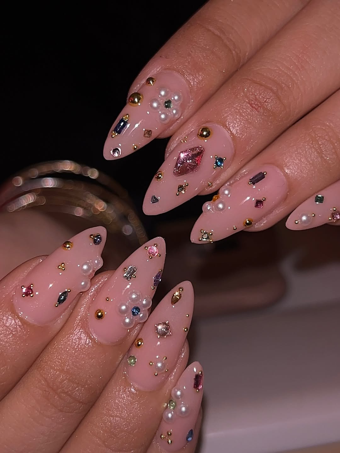 Blush Pink Rhinestone Pearl Stiletto Nails