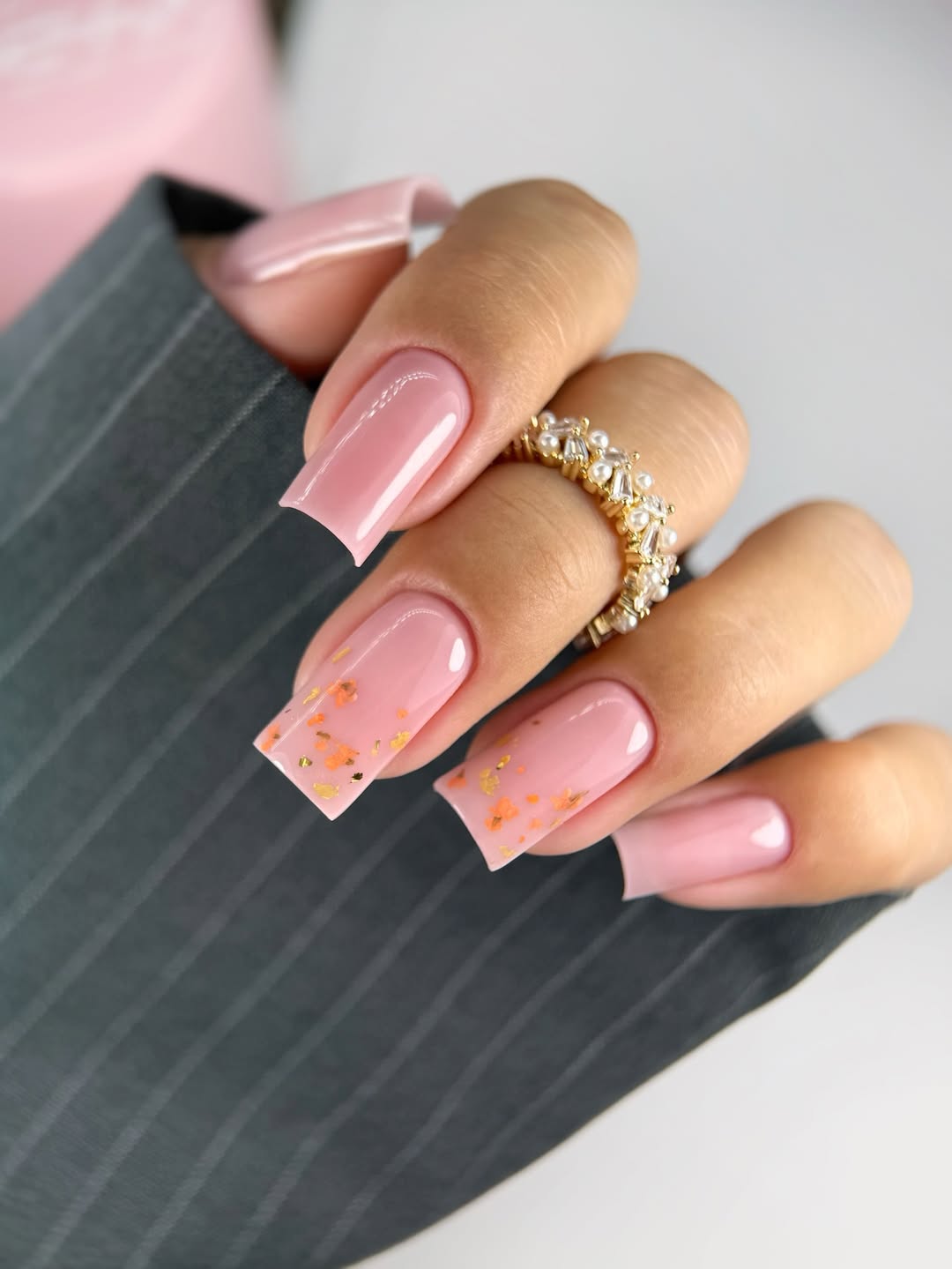 Blush Pink Square Nails With Gold Flakes