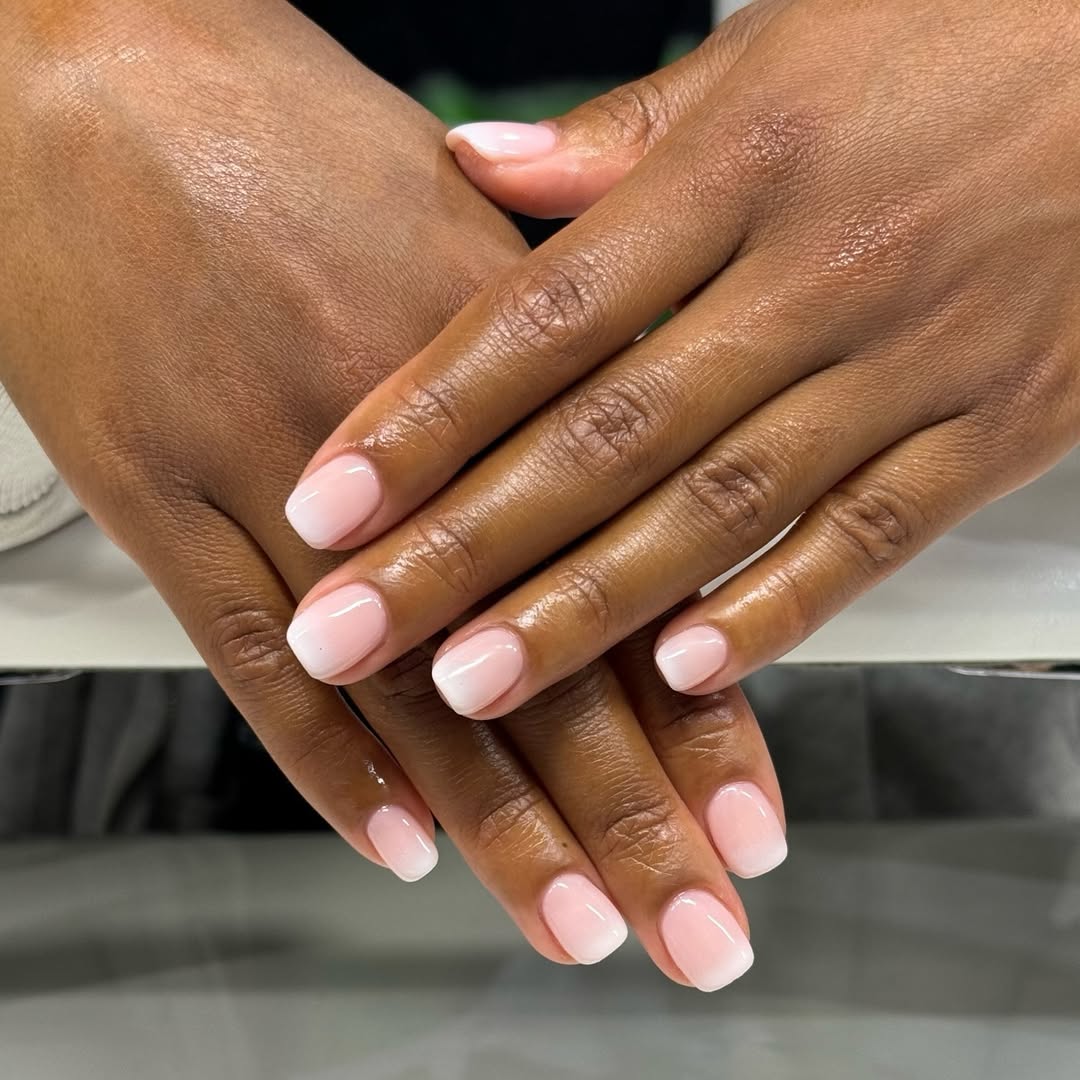 Blush Pink to White Glossy Ombré Short Squoval Nails
