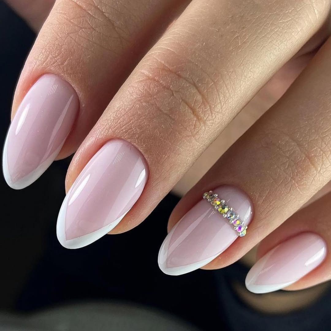 Blush Pink V-French Almond with Rhinestone Accent