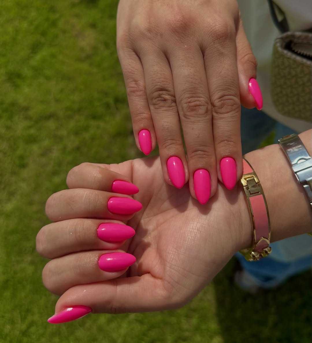 Bright Barbiecore Pink Glossy Almond Gel Nails