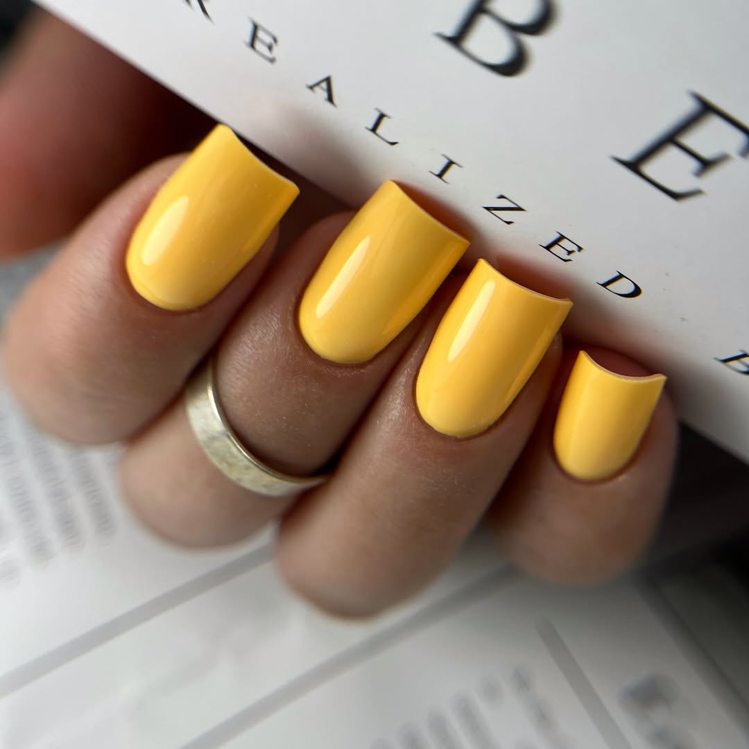 Bright Glossy Sunny Yellow Short Squoval Nails