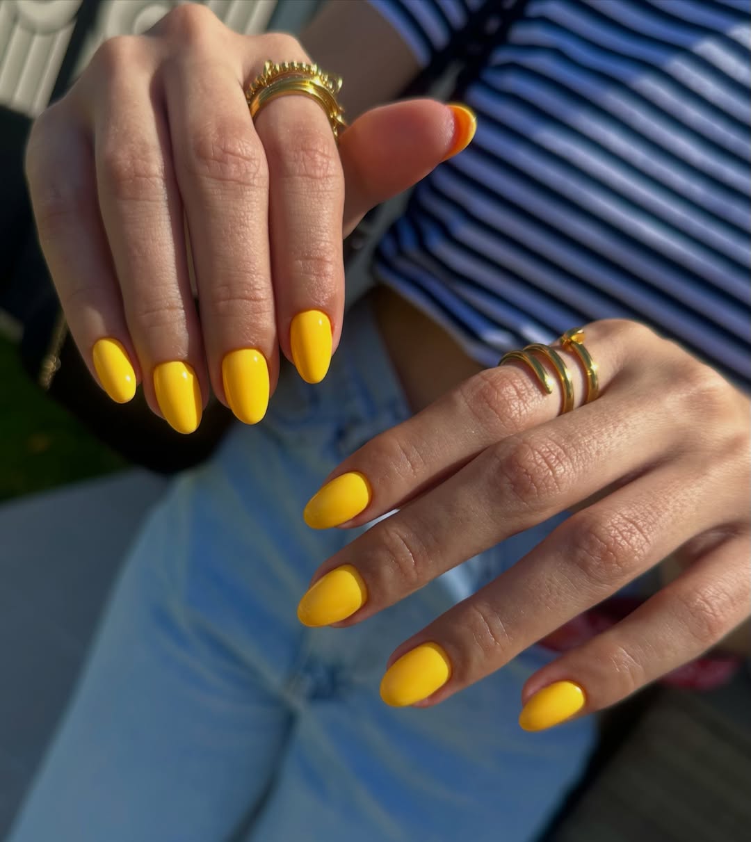 Bright Glossy Yellow Oval Summer Nails
