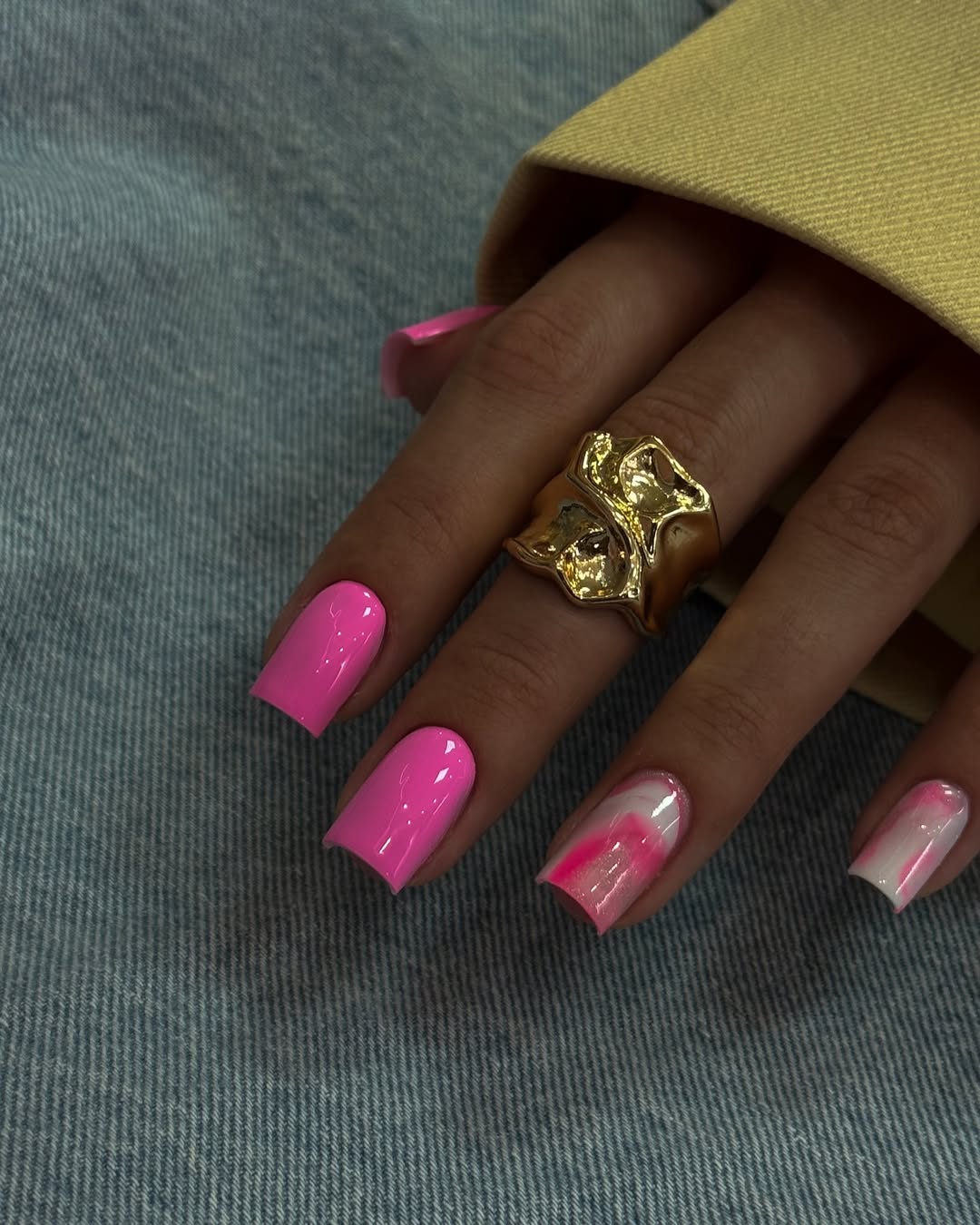 Bright Hot Pink and Marble Swirl Squoval Nails