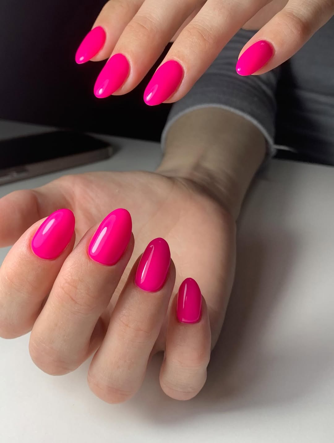 Bright Malibu Barbie Pink Glossy Oval Nails