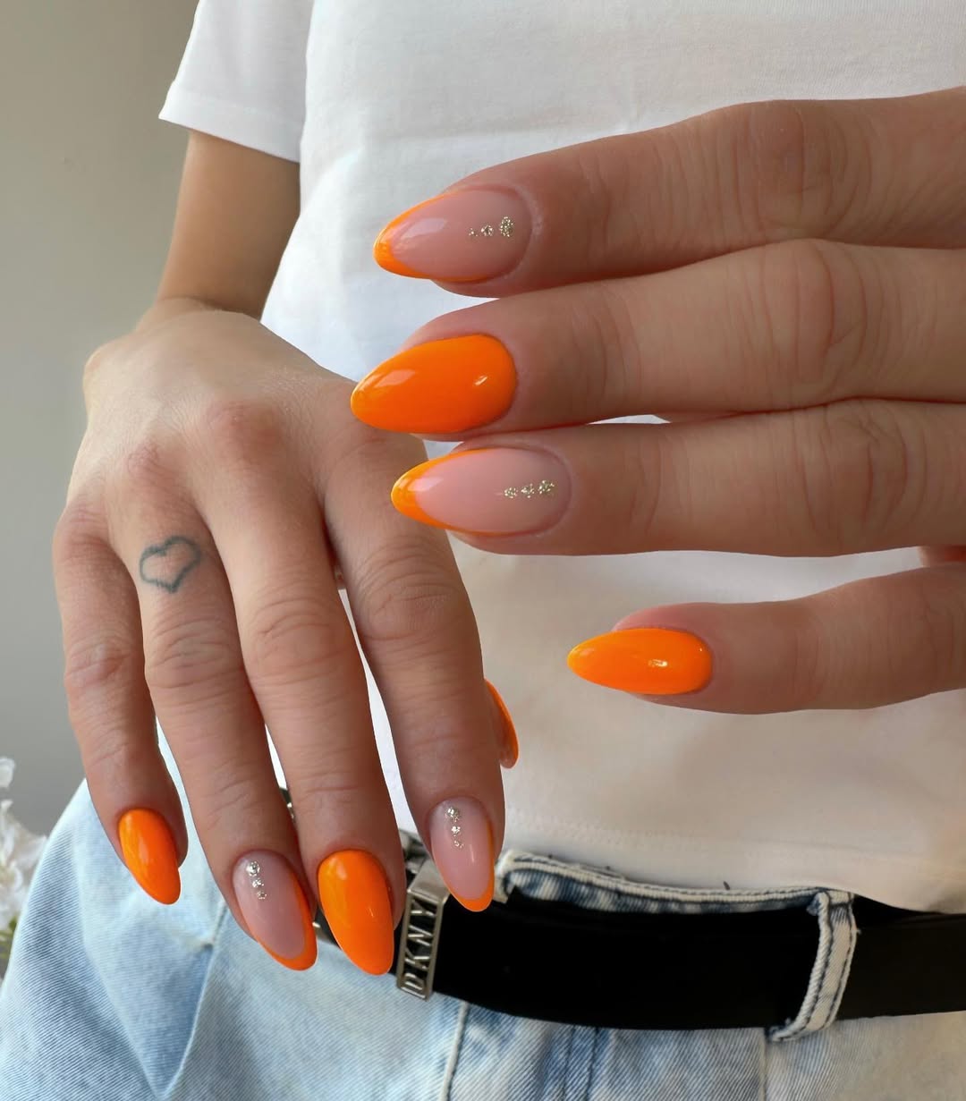 Bright Orange French Tips with Rhinestone Accents