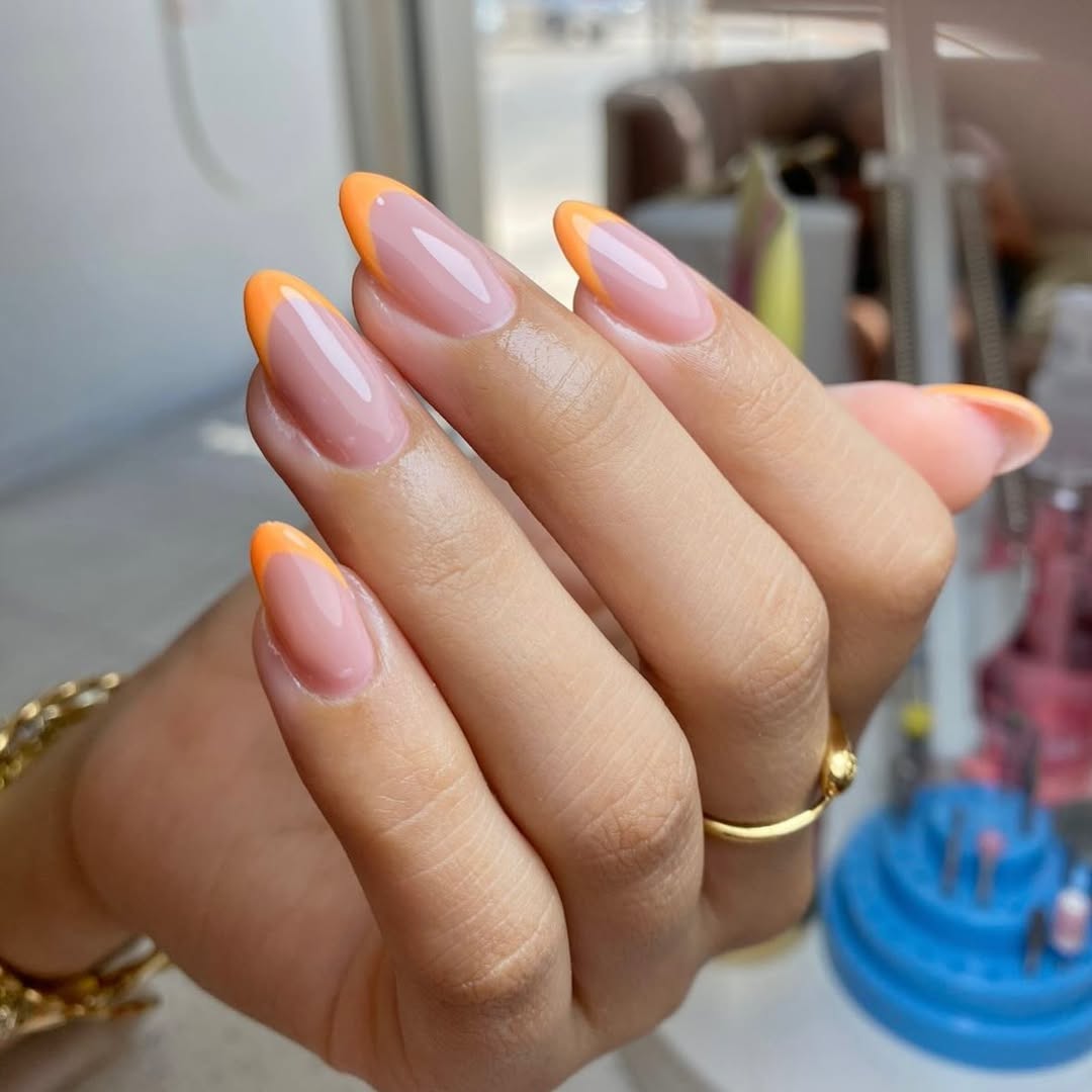 Bright Orange Glossy Almond French Tips
