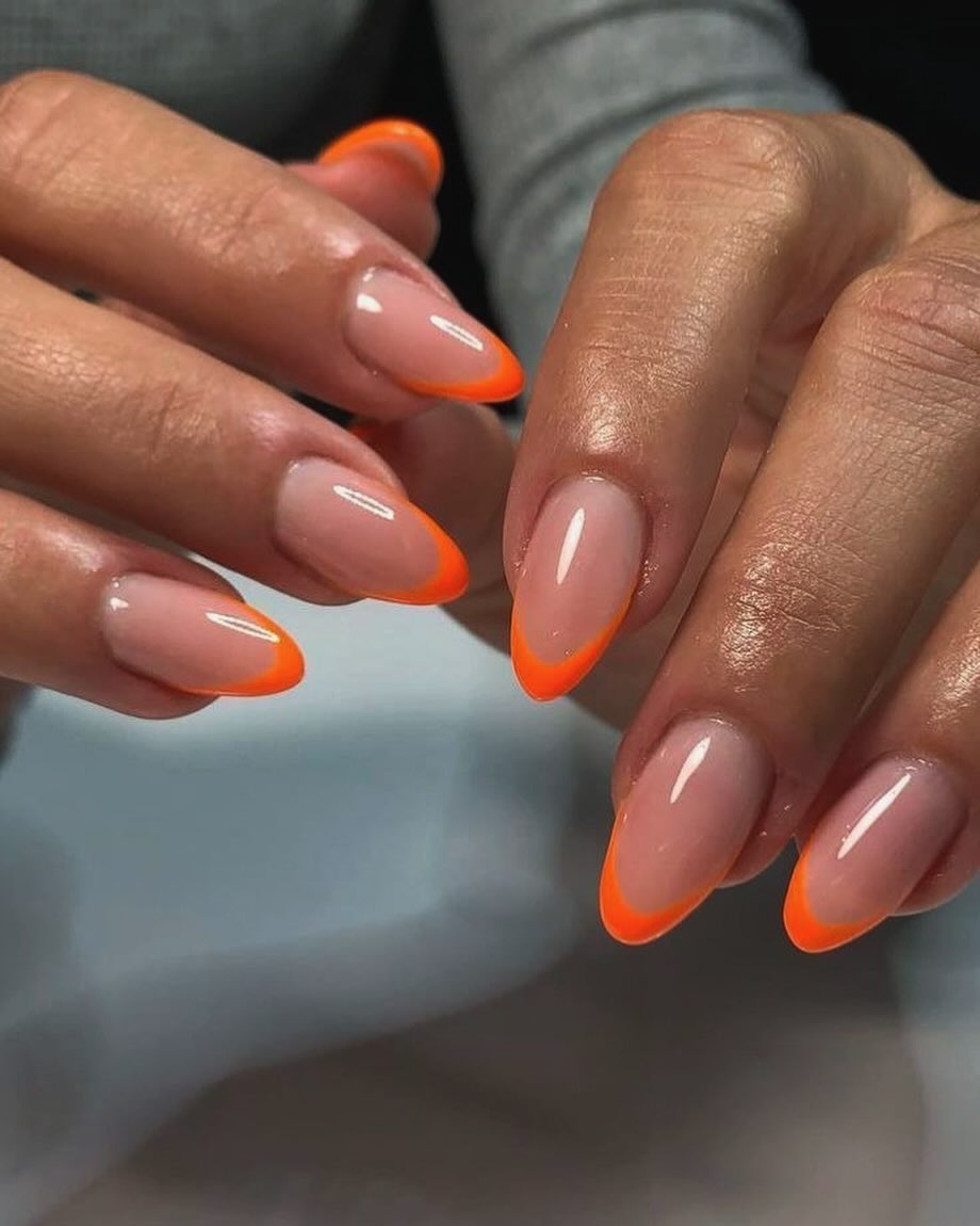 Bright Orange Glossy French Tip Almond Nails