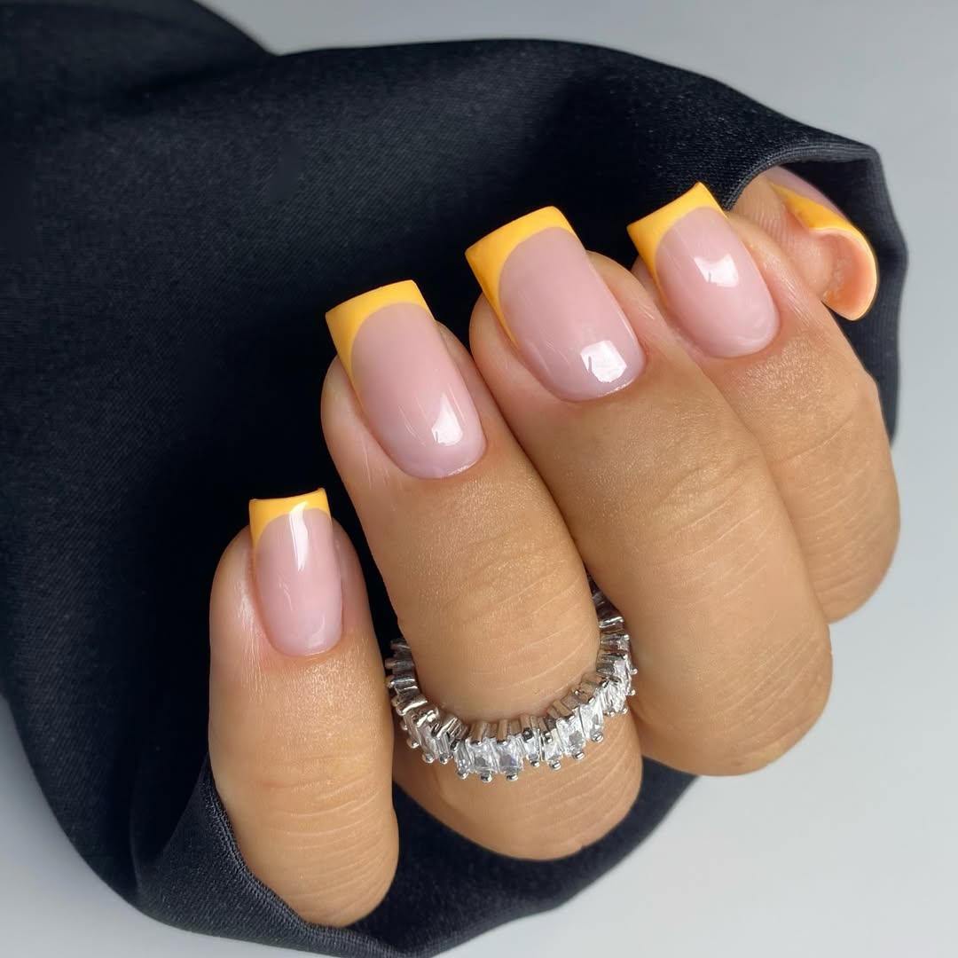 Bright Orange Glossy French Tip Square Nails