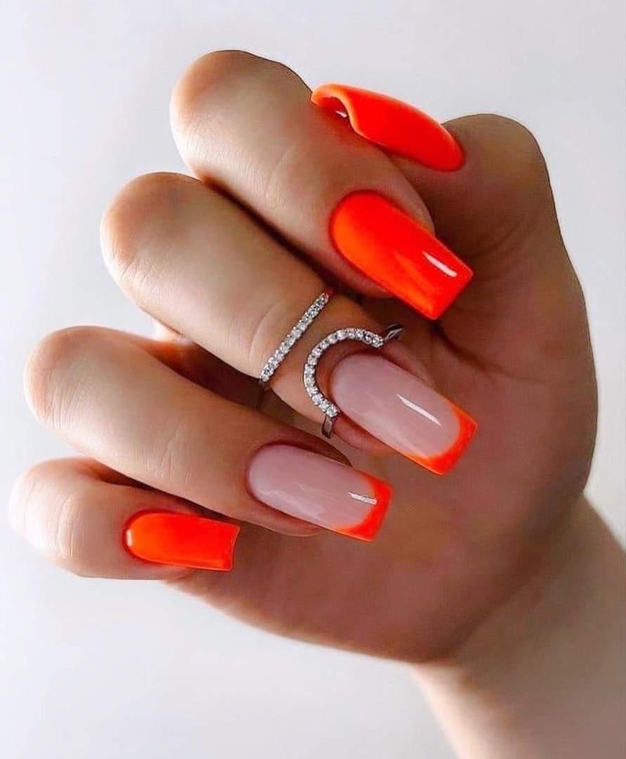 Bright Orange Glossy French Tips Coffin Nails