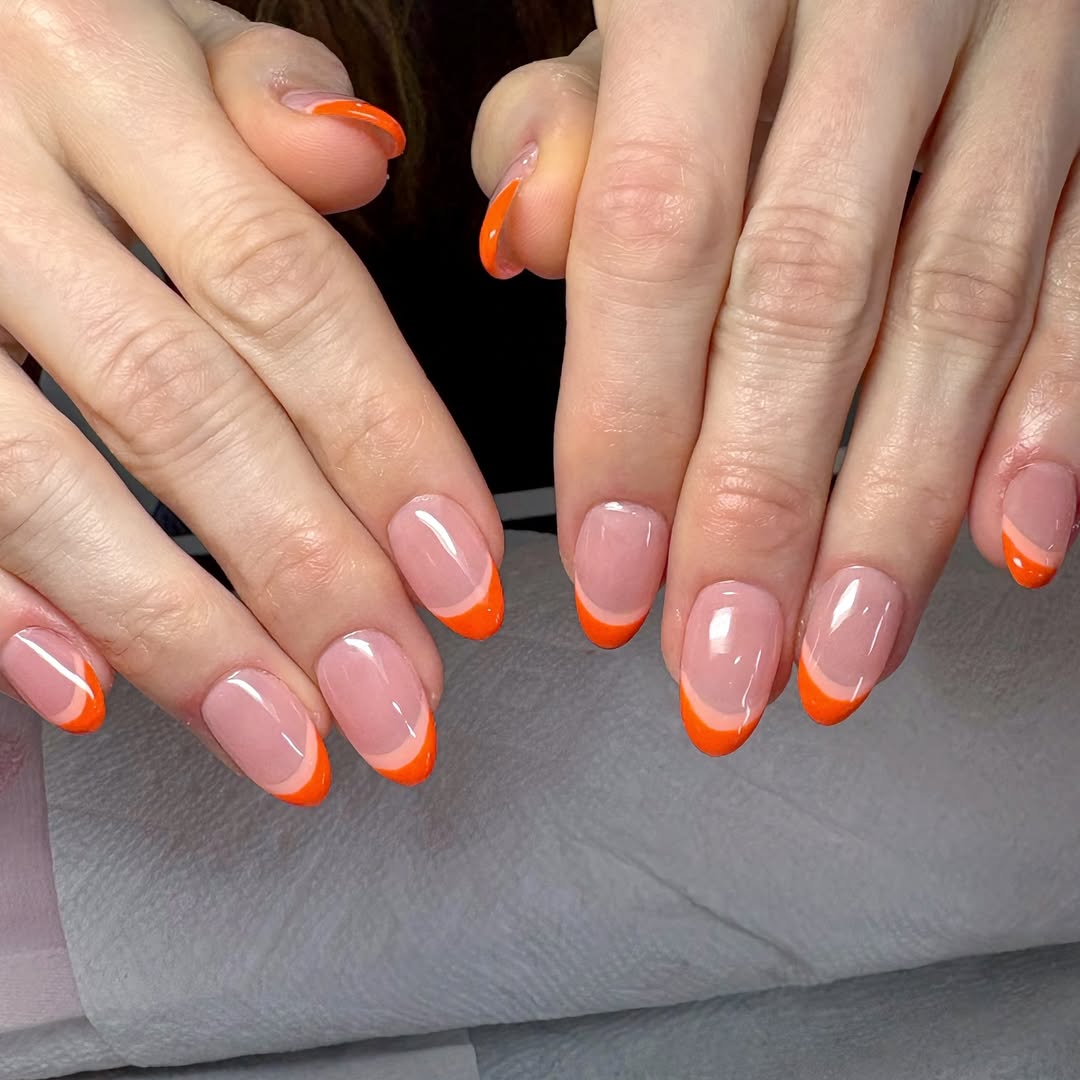 Bright Orange Glossy Rounded French Tips