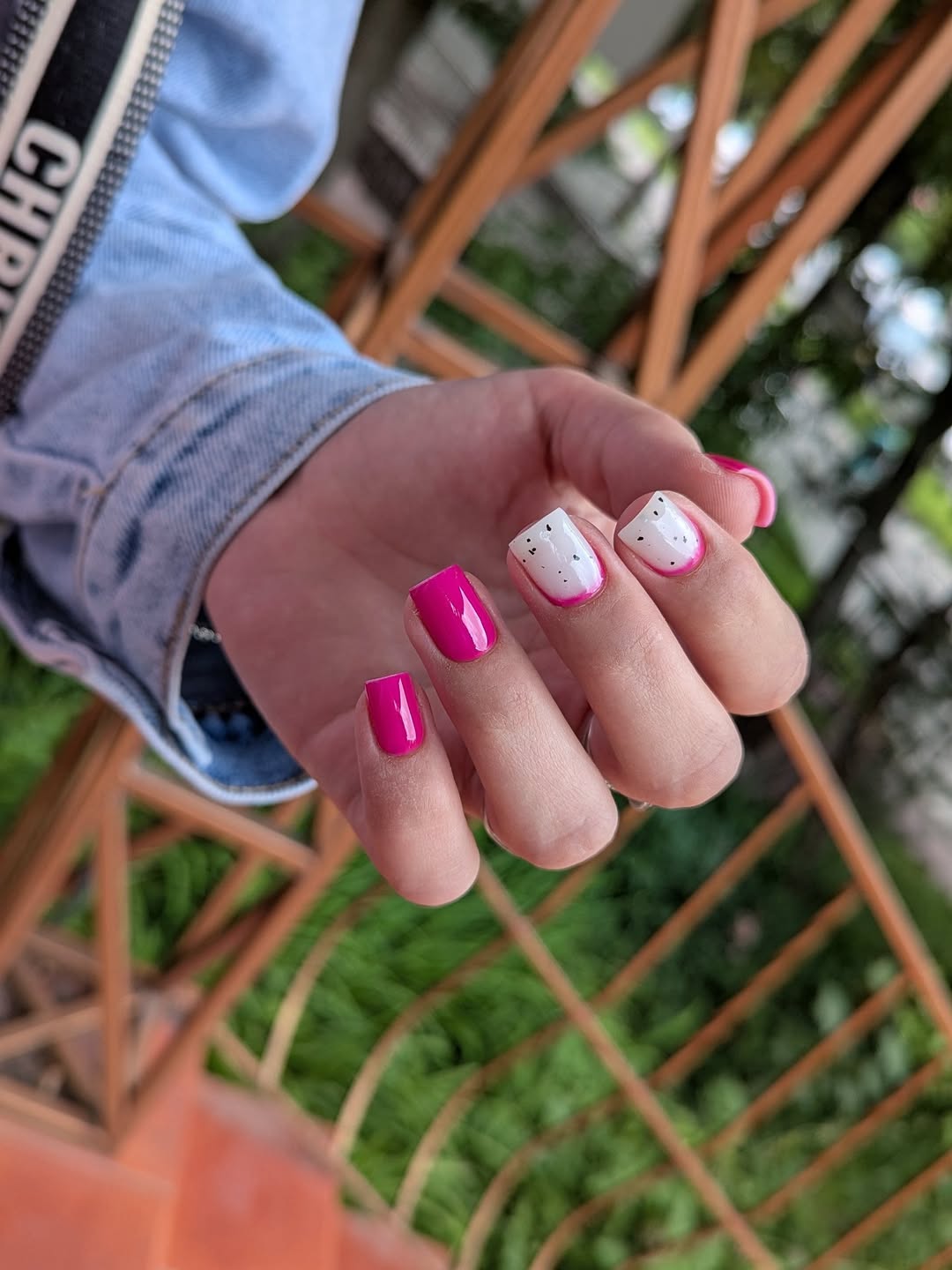 Bright Pink and Speckled White Summer Nails
