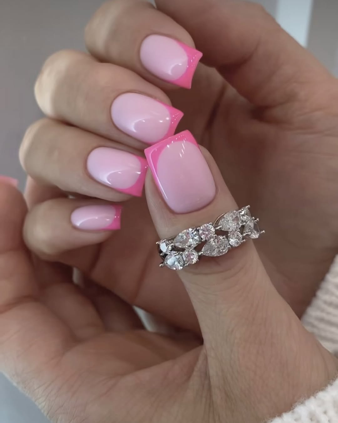 Bright Pink Asymmetrical Square French Tips