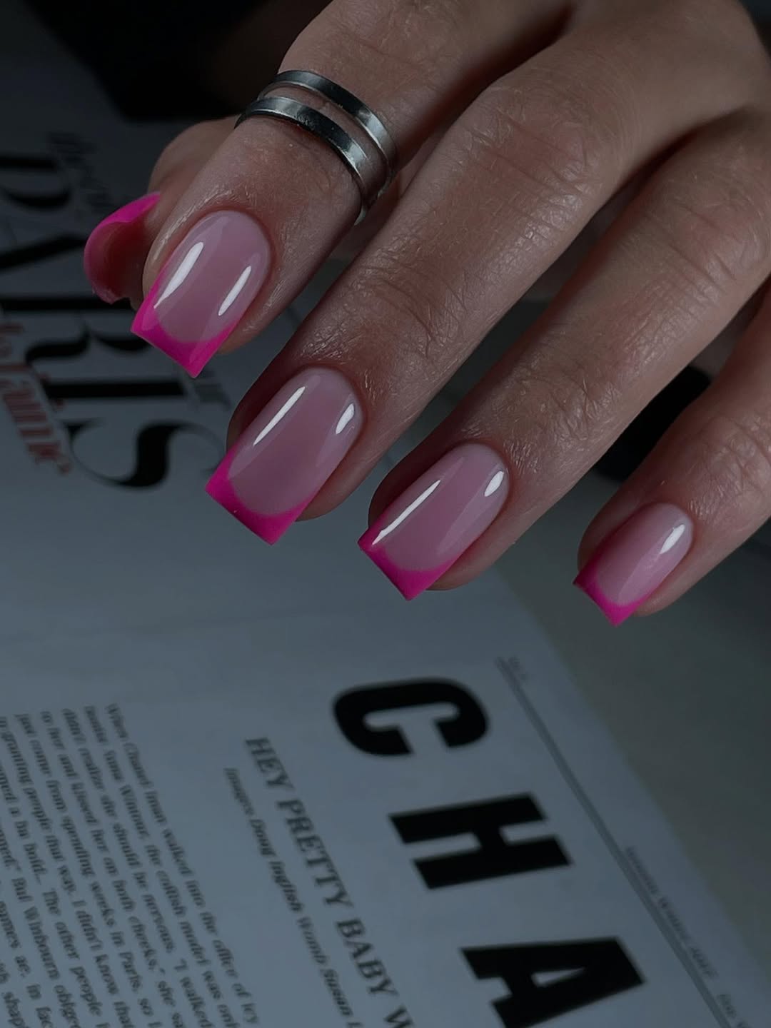 Bright Pink French Tip Square Glossy Nails