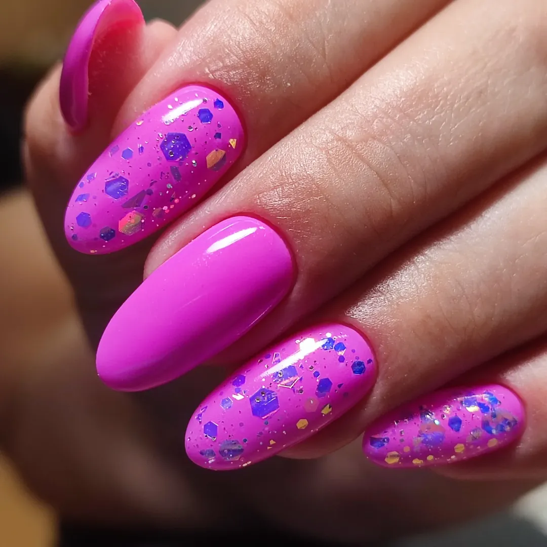 Bright Pink Glitter Almond Nails