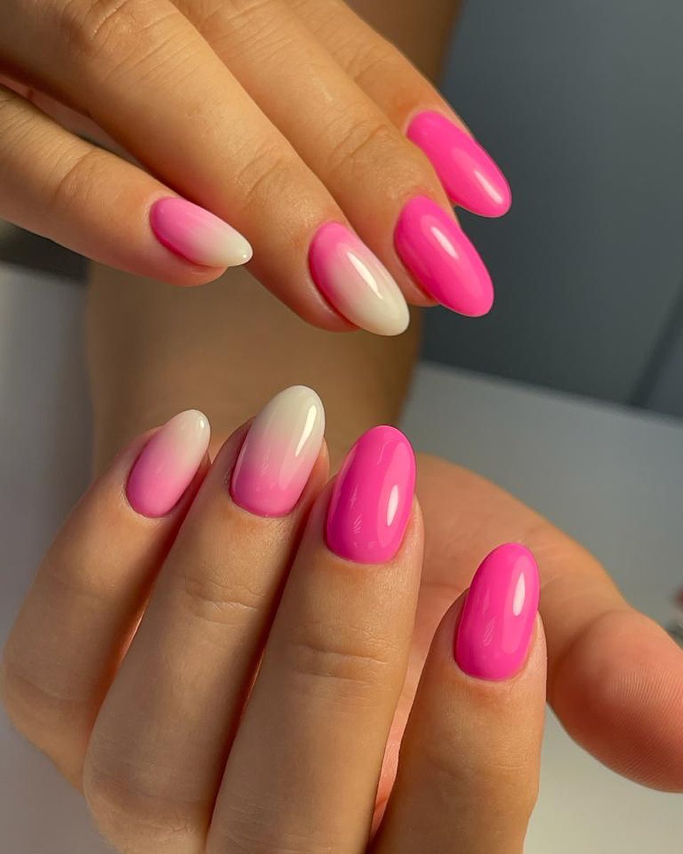 Bright Pink Ombre Oval Summer Nails