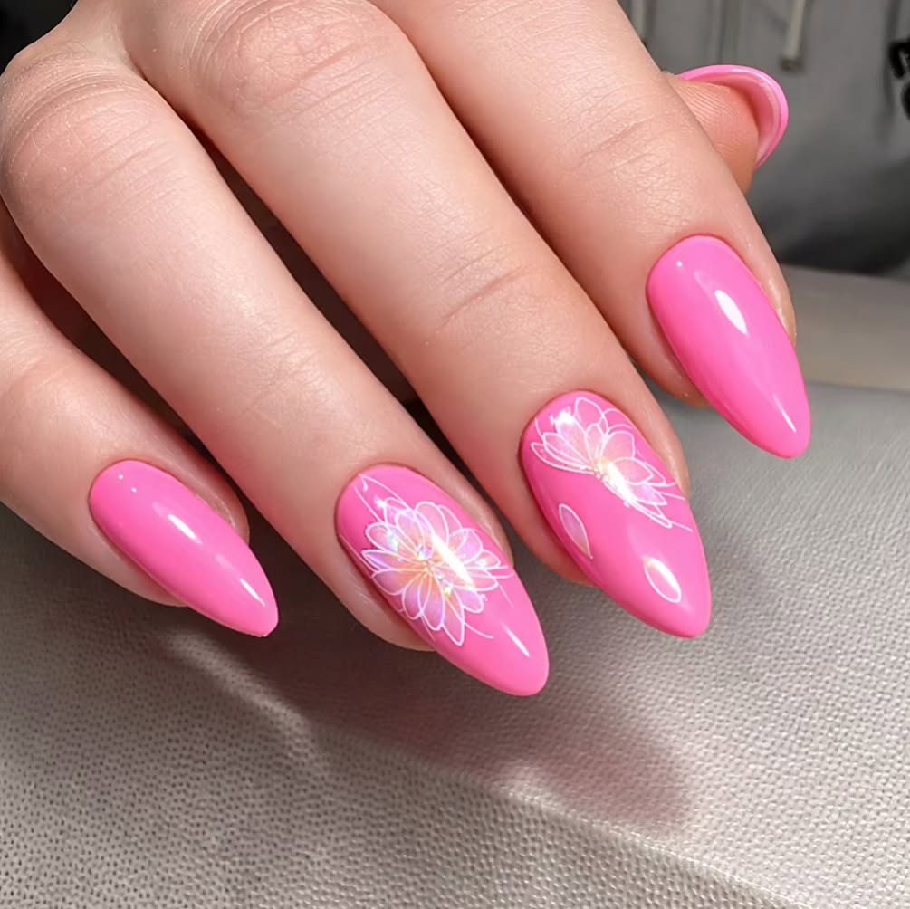 Bright Pink Oval Nails With Delicate Floral Art