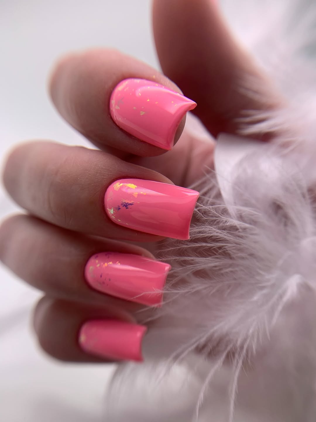 Bright Pink Square Nails With Iridescent Flakes