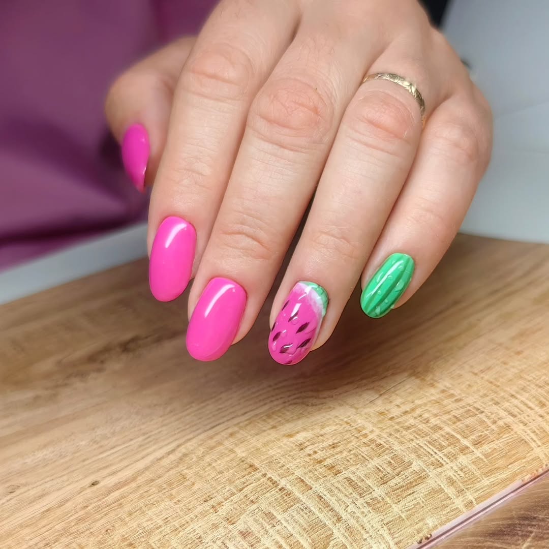 Bright Pink Watermelon Summer Oval Nails